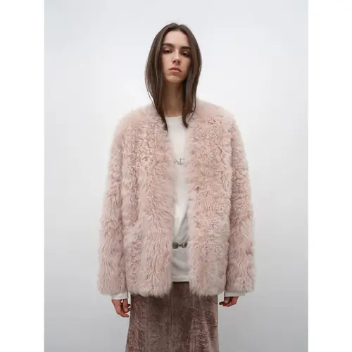 "Castle Dusk" V-neck Italian imported Tuscan curly wool sheepskin fur coat winter