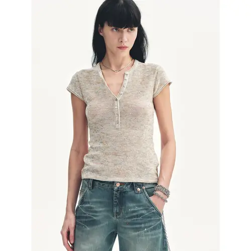 Cotton and Linen Blend Sequined Henley Neck Short Sleeve T-Shirt"Minimalist Light Gap"