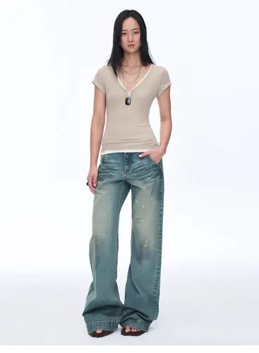 Women's Loose Australian Wool Tencel Deep V-neck Zipper Short Sleeve Tops T-shirt"Tunic Blouses Simple Color Silent Film"