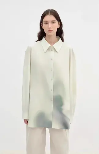 "Green Time" lapel side slit two-wear cotton printed shirt