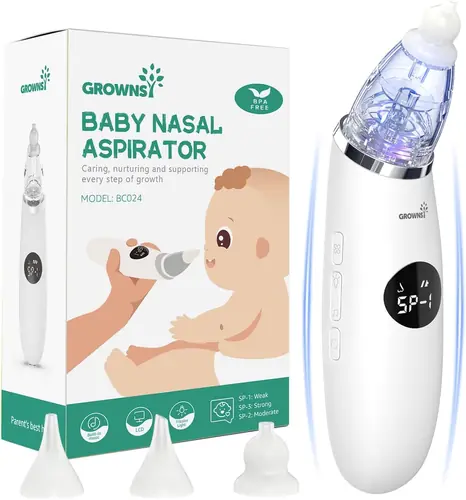 GROWNSY Nasal Aspirator for Baby | Baby Nose Sucker | Electric Nose Suction for Toddler, Ergonomic Booger Sucker with 3 Silicone Tips, Music & Light Soothing Function(White)