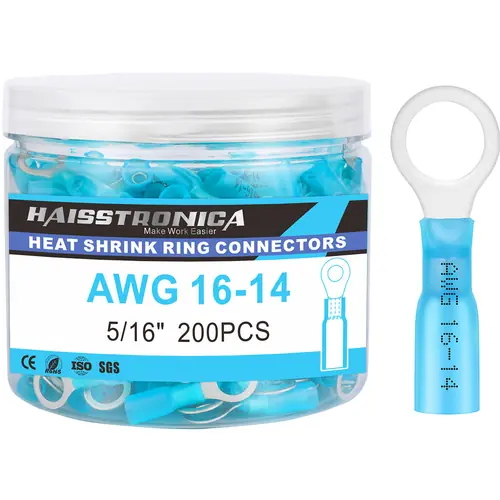 200PCS Heat Shrink Wire Connectors Ring Terminals AWG16-14 5/16" Blue