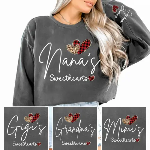 Custom Plaid & Leopard Hearts Nana's Sweethearts Sweatshirt - Personalized with Grandkids Names on Sleeve