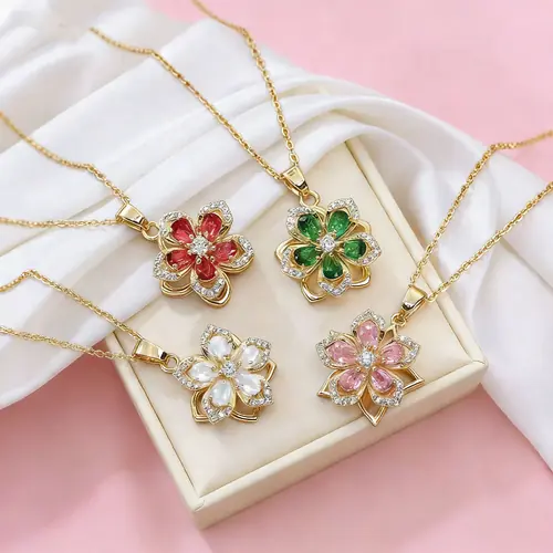 Custom Gold Plated Crystal Flower Pendant Necklace - Colorful Enamel Floral Design