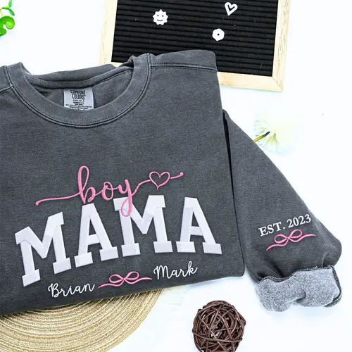 Custom Boy Mama Sweatshirt or Hoodie with Embroidered Kids Names on Chest