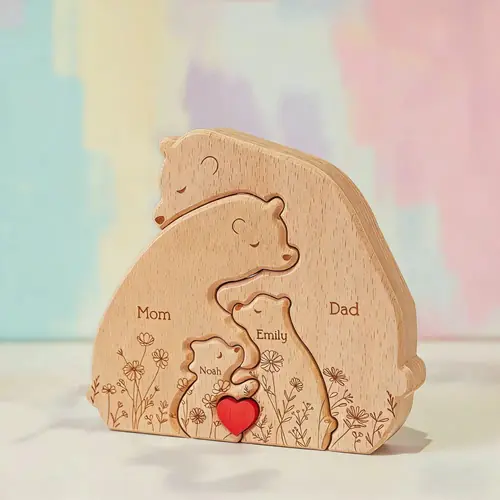 Hugging Bear Family Floral Version - Personalized Wooden Bear Family Puzzle, Gift For Mom