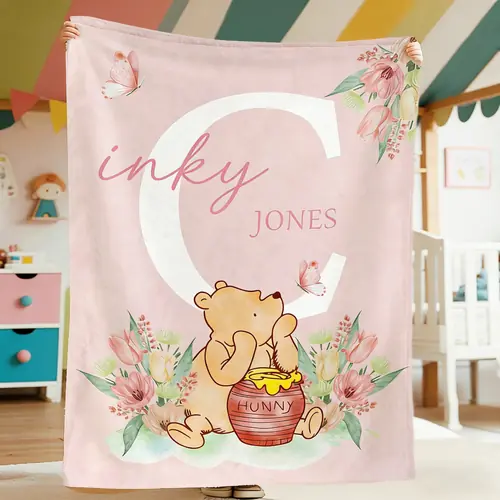 Custom Bear Floral Blanket - Personalized Name & Initial Baby Blanket, Gift for Baby Shower