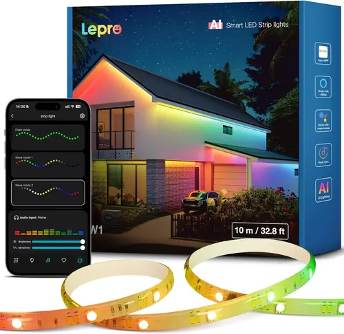 Lepro SW1 AI RGBICW Outdoor LED Strip Lights, Waterproof LED Lights, Work with Alexa and Google Assistant, Personalized AI Lighting Designer, Music Sync Outdoor Lights for Eave, Balcony, Pool, 32.8ft