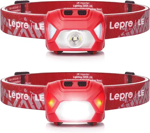 Lepro Headlamp 2-Pack, 1300 Lux Ultra-Light Bright LED Headlights with White Red Light, 6 Modes Battery-Operated Lightweight Waterproof Head Flashlight for Camping Running Cycling Emergency-Red