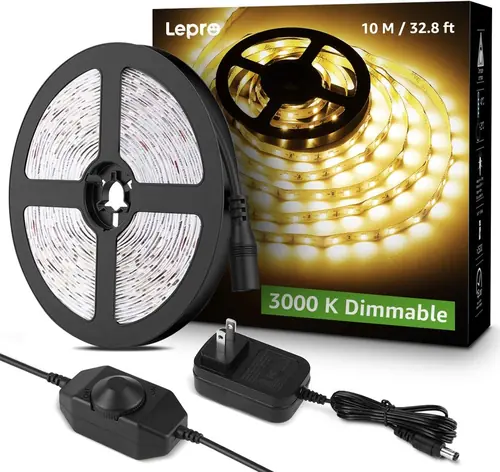 Lepro LED Strip Lights, 32.8ft 24V Dimmable and Flexible Strip Lights, 3000K Warm White, 600 Units 2835SMD Tape Light for Home, Kitchen, Bedroom, Car and More, Non Waterproof, Power Adapter Included