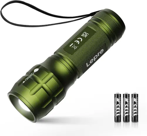 Lighting EVER LED Flashlights High Lumens, Small Flashlight, Zoomable, Waterproof, Adjustable Brightness Flash Light for Outdoor, Emergency, Camping, AAA Batteries Included, Green