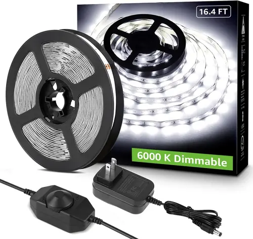 16.4ft 12V Dimmable LED Strip Lights, 6000K Daylight White, 300 Units 2835SMD LEDTape Light for Home, Kitchen, Bedroom, Car and More, Non Waterproof, Power Adapter Included
