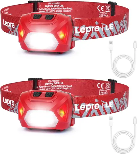 Lepro Headlamp Rechargeable 2-Pack, 2000 Lux Super Bright LED Headlamp with Red and White Light, 6 Lighting Modes Hardhat Head Lamp, Waterproof Lightweight Headlight for Outdoor Camping Running Red