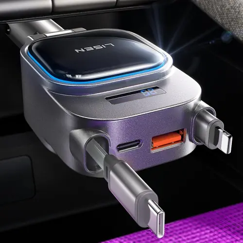 LISEN Only for Trucks 96W Fast Charging Retractable Car Charger[USB C Cable & L Cable], 4 in 1 Retractable Car Charger Fast Charging for iPhone 17 Pro Max 16 15 14 13, Samsung Galaxy S25/24,Grey