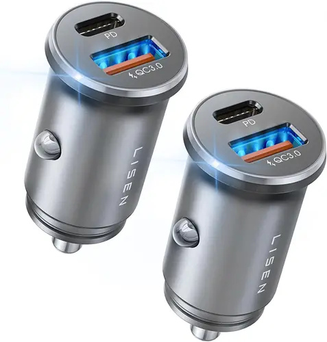 LISEN 48W USB C Car Charger Adapter [2 Pack] [Mini & Metal] Cigarette Lighter USB Charger Fast Charging [PD QC 3.0] USBC Car Phone Charger for iPhone 15 Pro Max Plus 14 Samsung Galaxy iPad Silver