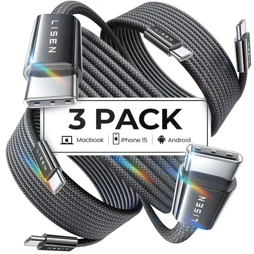 LISEN for iPhone 16 15 USB C to USB C Fast Charging, 60W USB C Cable Type C Fast Charging Cable for iPhone 16 15,Samsung Galaxy S25 Ultra Plus S24 S23 iPad Pro 13 12.9inch, iPad Air 5,Black 3Pack 6FT