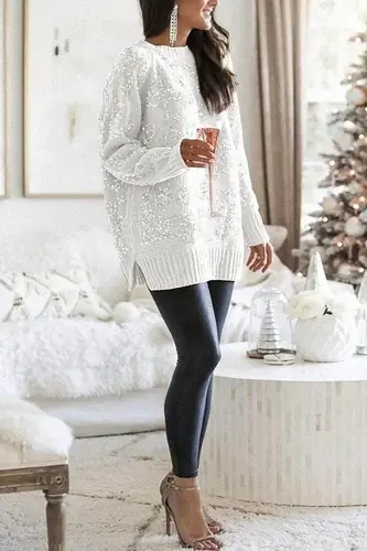 Margovil Crewneck Side Split Sequin Glitter Sweater