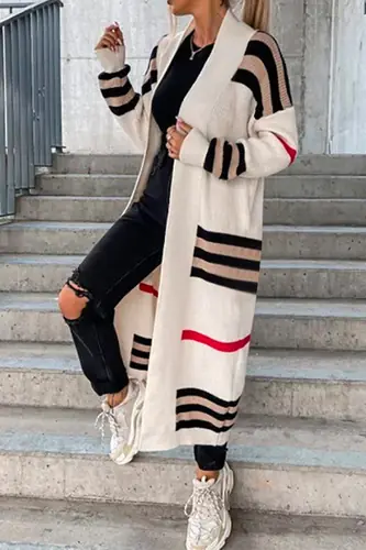 Margovil Open Front Color Block Striped Splice Long Sweater Cardigan